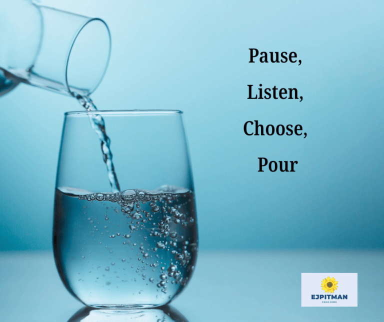 filling a water glass with words "Pause, Listen, Choose, Pour"