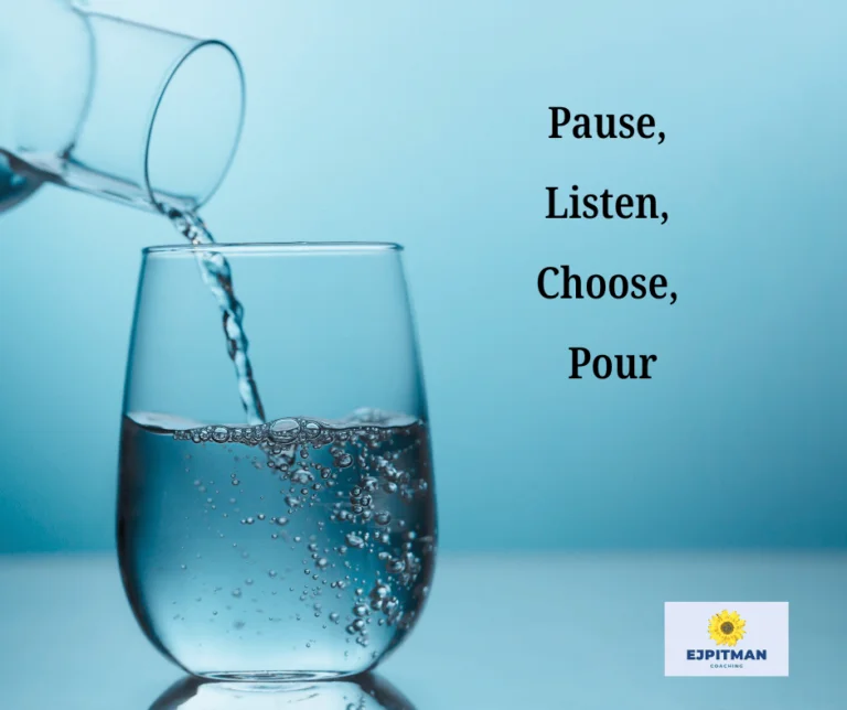 filling a water glass with words "Pause, Listen, Choose, Pour"