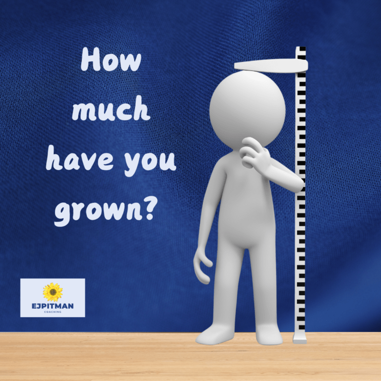 Person standing next to a measurement diagram with the question "how much have you grown"