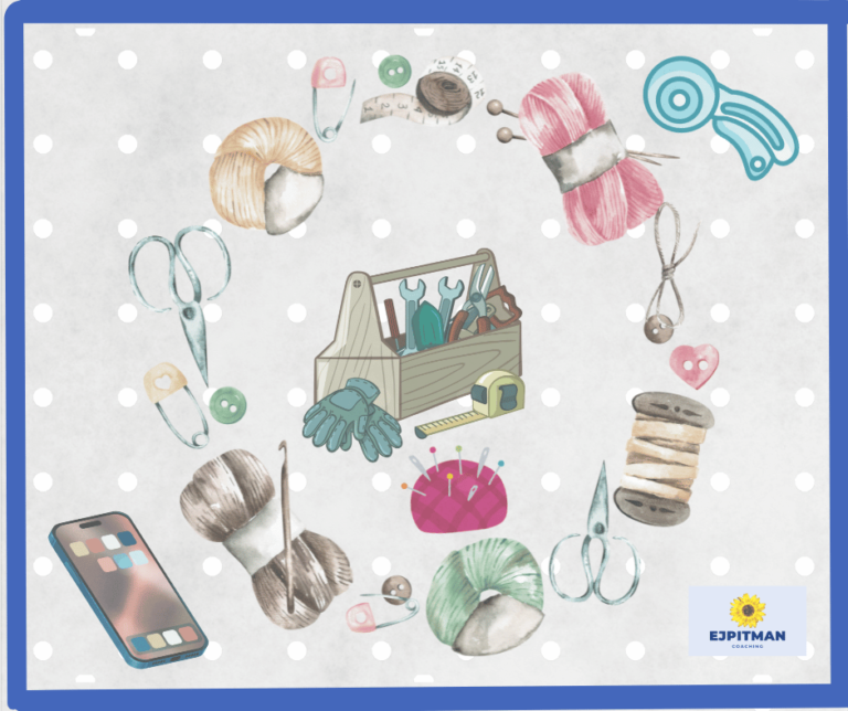 wreath of sewing tools, old fashioned tool box, app screen on a phone