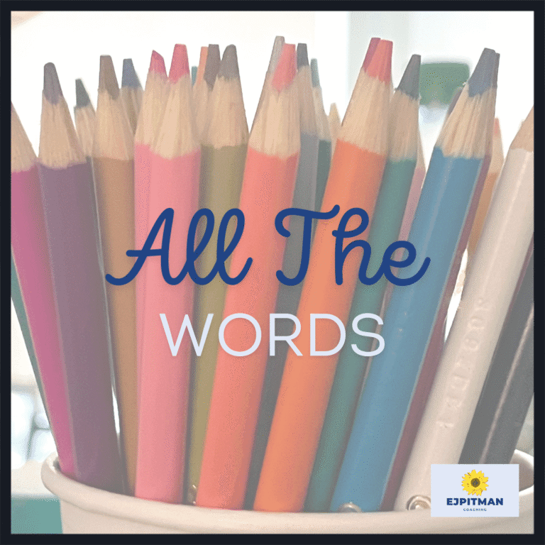 colored pencils in a cup with "All the Words" text written over it