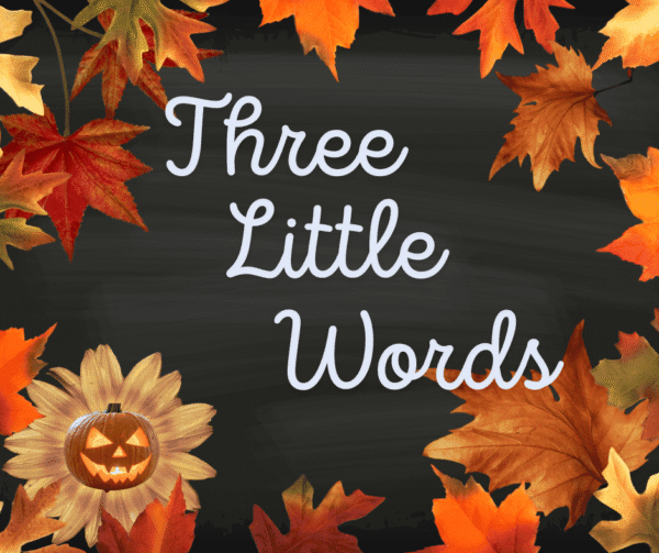 black background framed by autumn colored leaves with the words "Three Little Words"