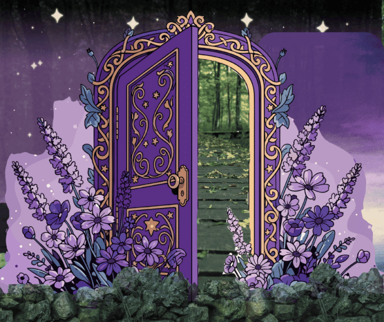 purple magical door open to a wooden path in the forest