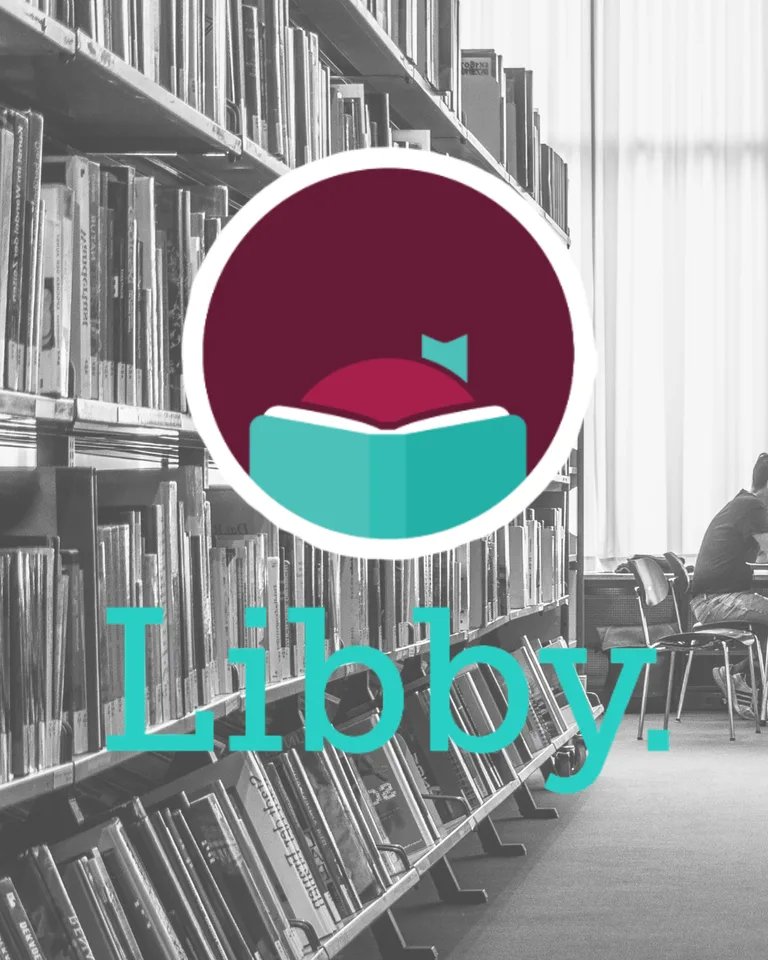Libby logo in front of a library book shelf